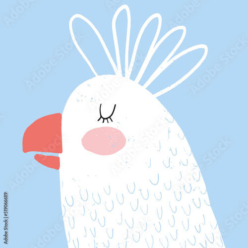 Cute Vector Illustration with Funny Hand Drawn White  Cockatoo Isolated on a Light Blue Background. Sweet Nursery Art with White Parrot ideal for Card, Wall Art, Poster, Decoration. Lovely Bird.