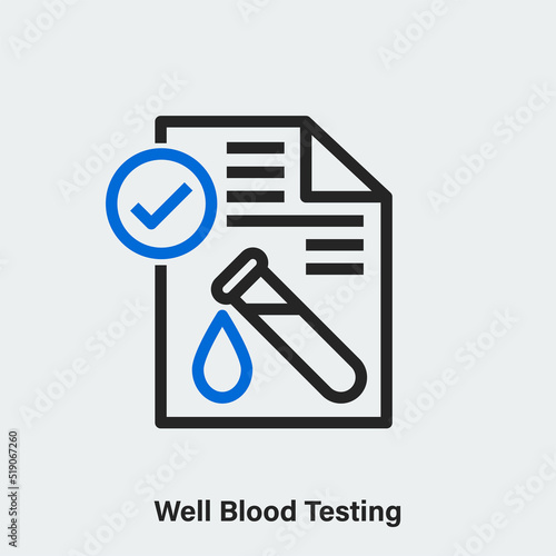 Well blood testing linear vector icon on light grey. Isolated outline pictogram of medical document with test tube and drop