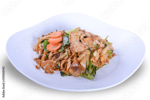 Stir-fried Noodles in Sweet Soy Sauce with Pork ( Pad See-Ew ) on white bowl for Thai food and isolate background with clipping path
