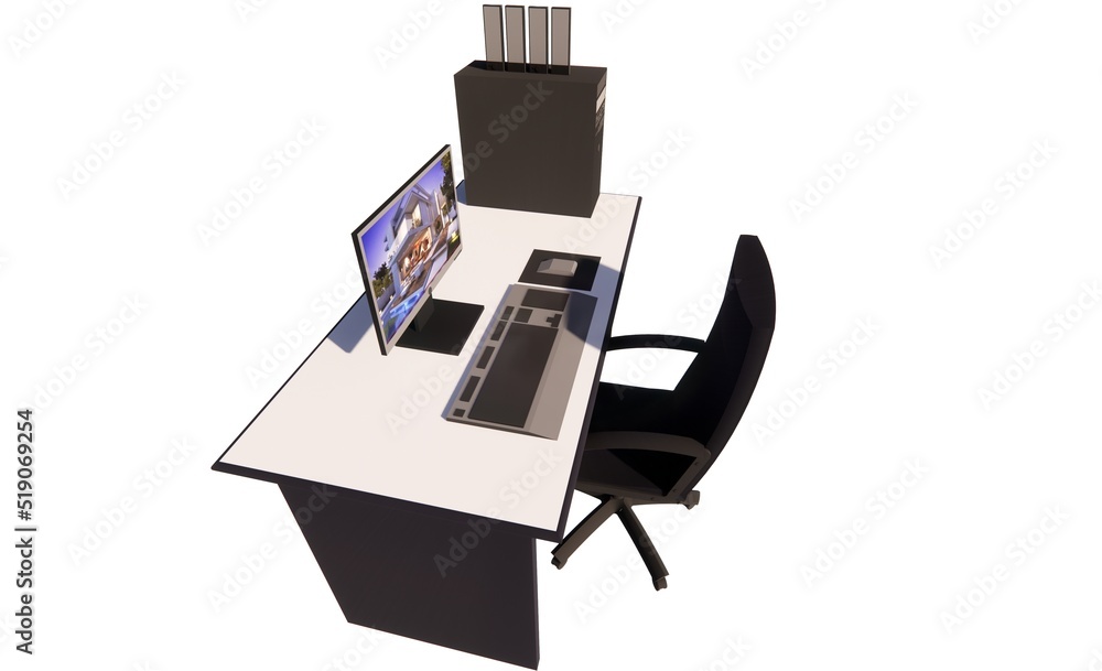 Desktop with computer illustration 3d render furniture template Desktop with computer illustration 3d render furniture template