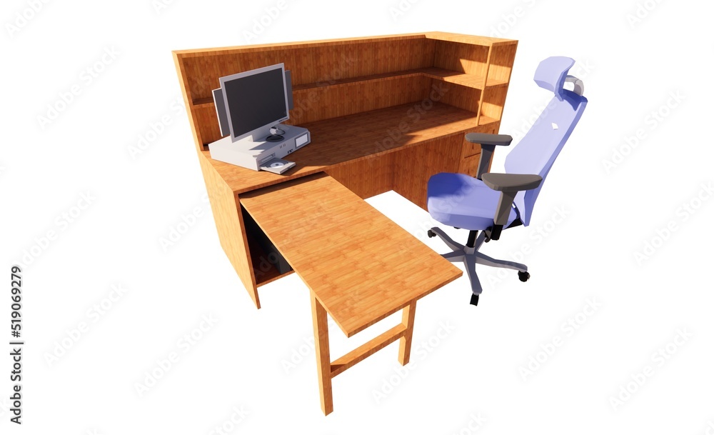Desktop furniture office with chair concept 3d render illustration Desktop furniture office with chair concept 3d render illustration