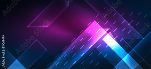 Background neon glowing lines and geometric shapes. Lights in the dark wallpaper for concept of AI technology, blockchain, digital, communication, 5G, science