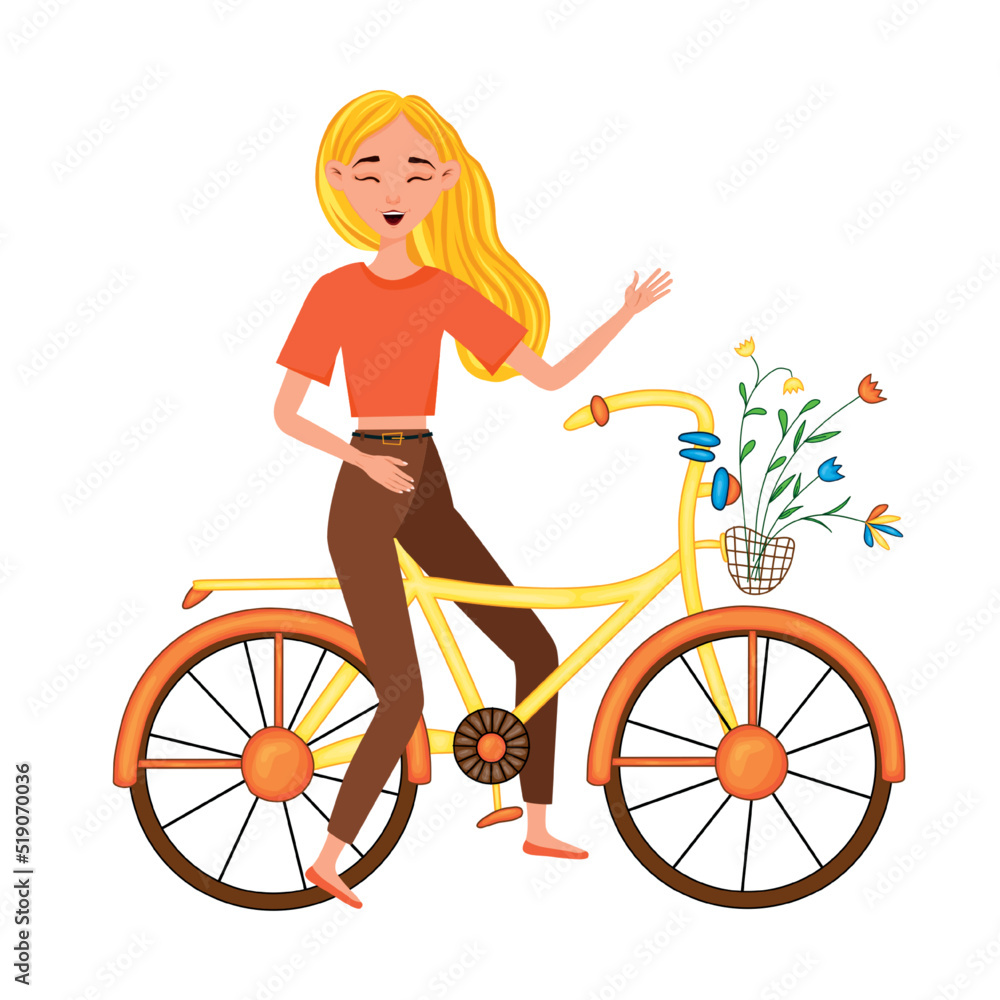 Funny smiling girl dressed in stylish clothes riding bicycle with flower bouquet in front basket. Funny smiling girl dressed in stylish clothes riding bicycle with flower bouquet in front basket.