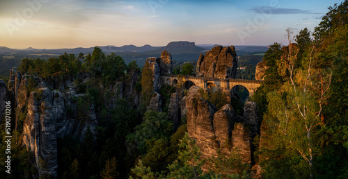 High resolution panorama of bastei bridge at sunrise light, Saxon Switzerland, Germany. 