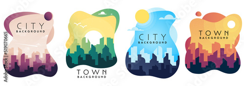 Cityscapes. Morning, day city skyline landscape, town buildings and urban cityscape town sky. Daytime. Architecture silhouette downtown. Flat design. Flyers, posters, banners. Vector illustration set.