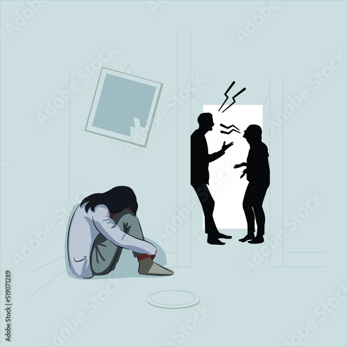 Young girl sad crying and having trauma parents fighting yelling