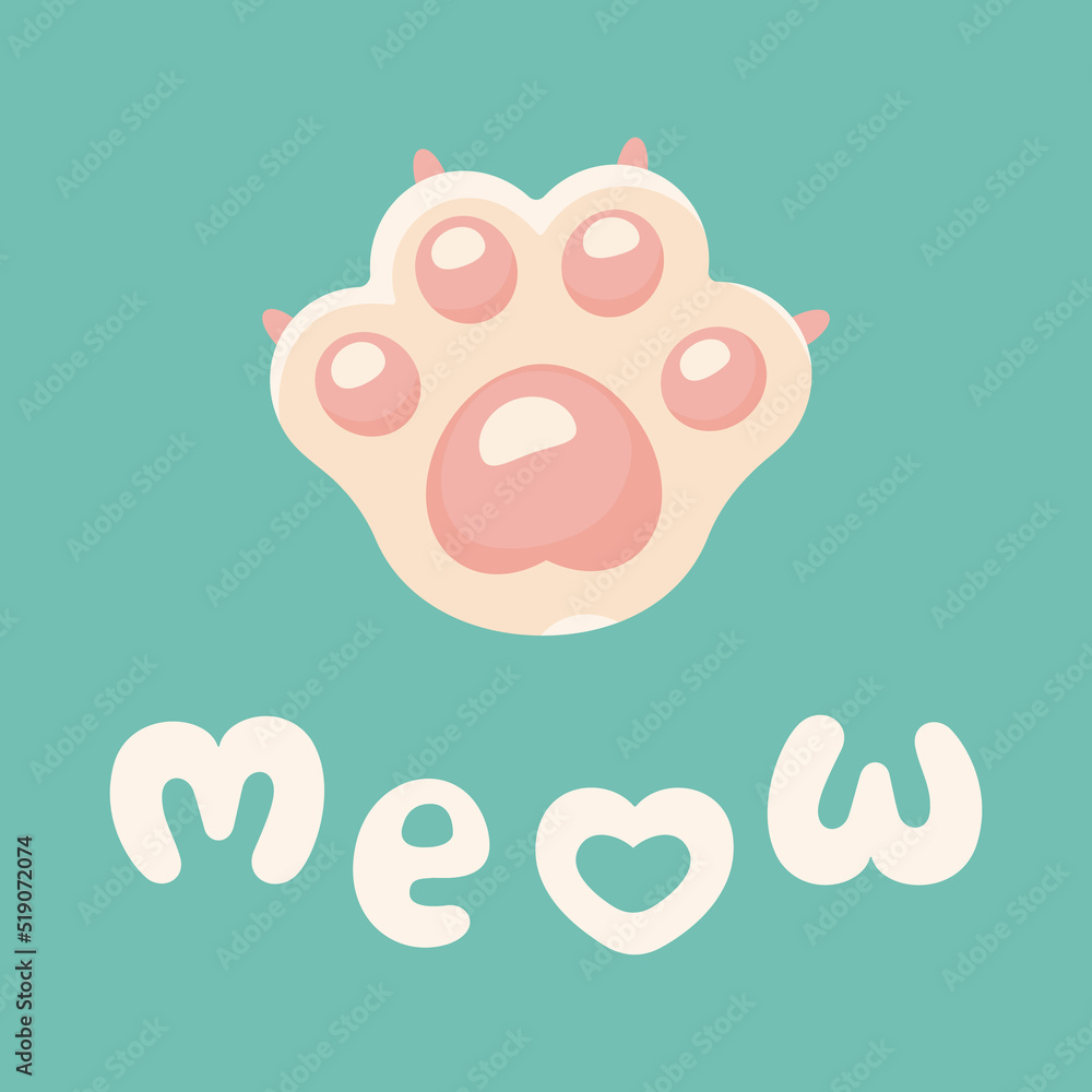 Cat lettering with cat paw in cartoon style. Isolated vector illustration hand drawn quote meow for banner, poster, flyer, t-shirt print Cat lettering with cat paw in cartoon style. Isolated vector illustration hand drawn quote meow for banner, poster, flyer, t-shirt print