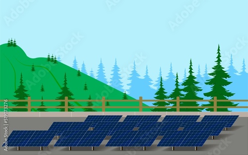 Image of solar panels in a forest with mountains. Renewable solar energy concept.