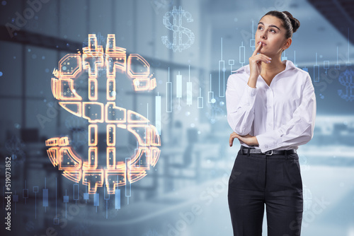 International currency exchange concept with thinking young woman in white shirt on abstract background with digital graphic illuminated dollar symbol
