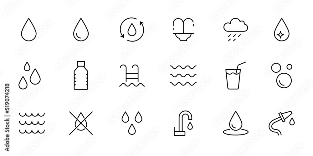 Water drop line icon set. Sea, ocean, shower pictogram. Editable stroke thin line water icon. Vector illustration - obrazy, fototapety, plakaty 