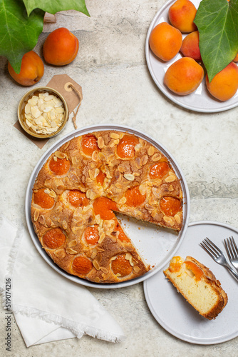 Apricot piewith almonds. Top view, vertical image.