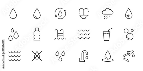 Water drop line icon set. Sea, ocean, shower pictogram. Editable stroke thin line water icon. Vector illustration