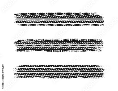 Auto tire tread grunge set. Car and motorcycle tire pattern, wheel tyre tread track. Black tyre print. Vector illustration isolated on white background.