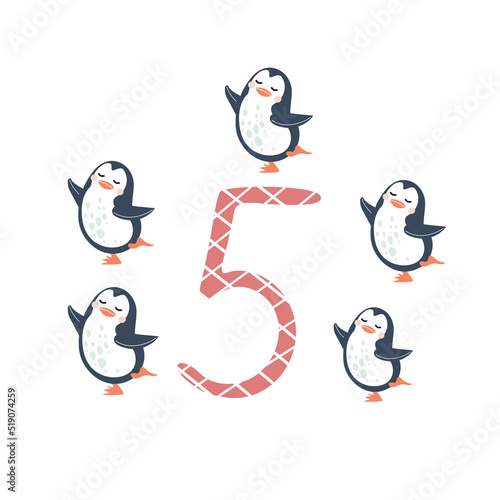 Number five and cute cartoon penguins. Counting training.