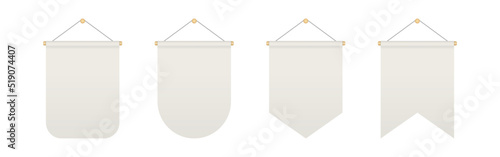 Empty white bunting pennants of various shapes. Hanging realistic pennants and flags with rope. Bunting flags mock up. Blank realistic templates. Vector illustration isolated on white background.