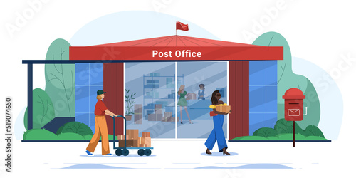 Flat post office building with customers. Mail delivery services. Postal worker at reception desk giving parcel and postman woman delivering cardboard boxes on trolley. People send letters or parcels.