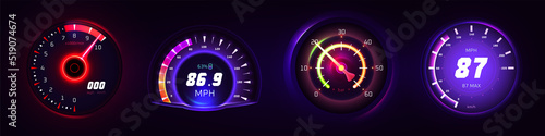 Car glowing speedometer, odometer and tachometer measure for auto digital dashboard realistic vector isolated on dark background. Speed counter, neon gauges with arrow or pointer for vehicle panel.