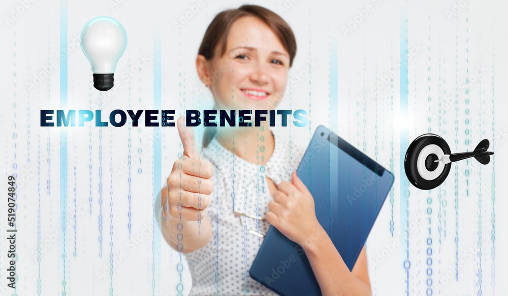 Obraz premium Business, Technology, Internet and network concept. Young businessman working on a virtual screen of the future and sees the inscription: Employee benefits