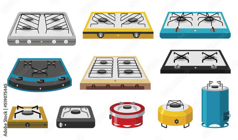 Camping stove cartoon icon set. Cartoon gas camp burners, portable