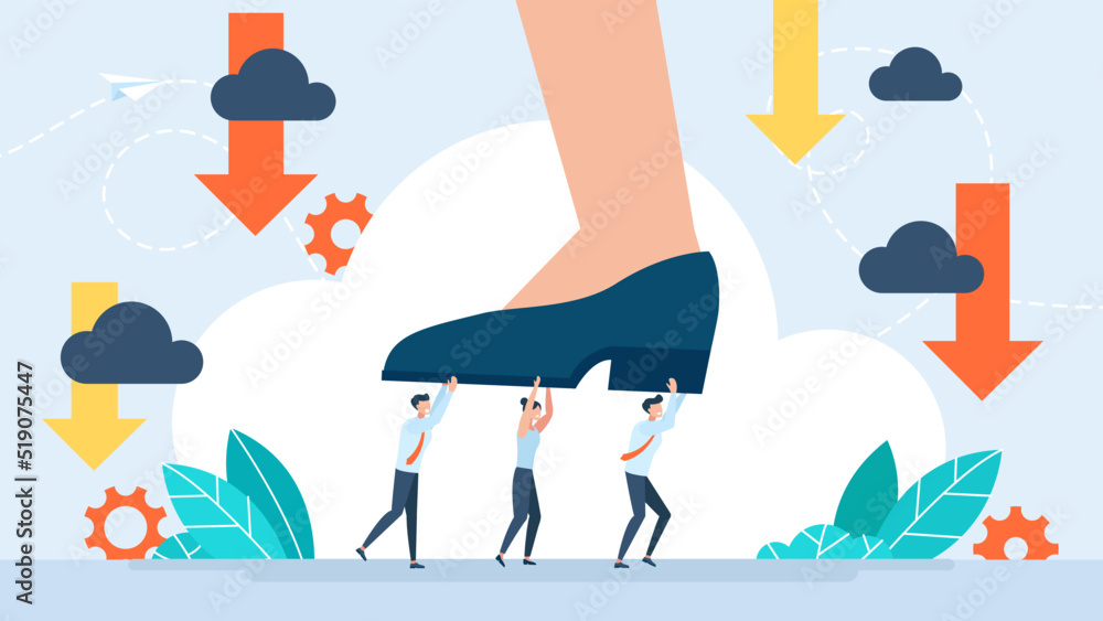 Mental pressure on employees. Scared and shocked team of young businessmen and businesswomen underboss pressure. Female boss has overworked workers. Woman manager. Flat design. Vector Illustration