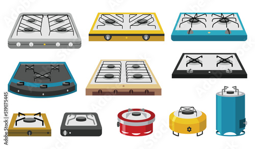 Camping stove cartoon icon set. Cartoon gas camp burners, portable indoor cookers, outdoor furnaces for picnic cooking on heat flame propane hob butane fire travel
