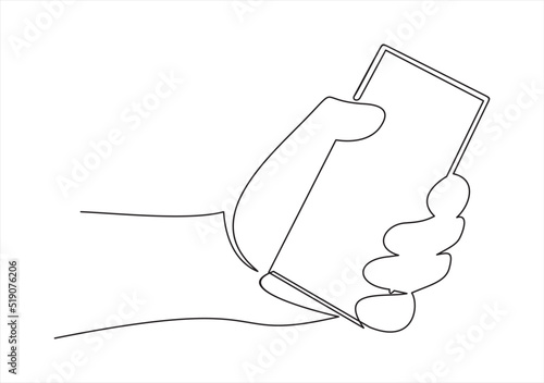 continuous line drawing of a hand using a modern mobile phone