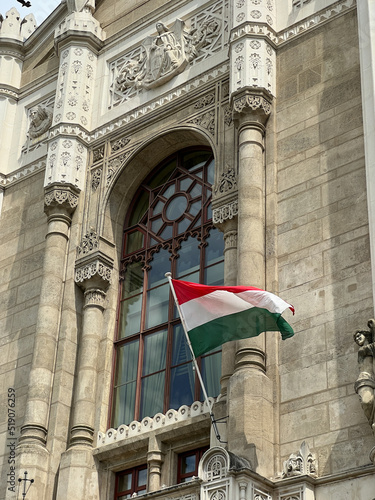 Vigado Concert Hall with the flag of Hungary. Budapest
