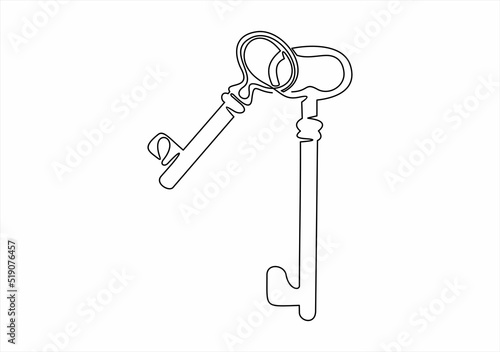 Continuous one line drawing of isolated object old keys  illustration