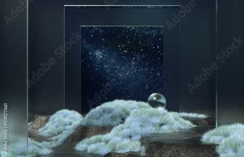 Fotografija Stone podium backdrop for product display with abstract galaxy night scene