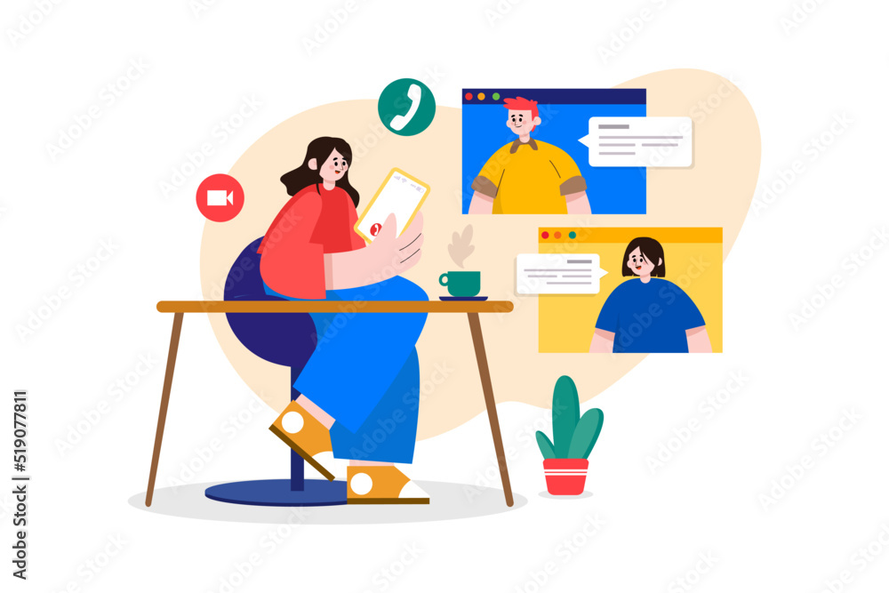 Lady Doing Online Meeting On A Tablet With Coffee Cup On The Desk Lady Doing Online Meeting On A Tablet With Coffee Cup On The Desk