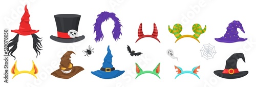 Fotografiet Halloween hats, headband and caps vector set