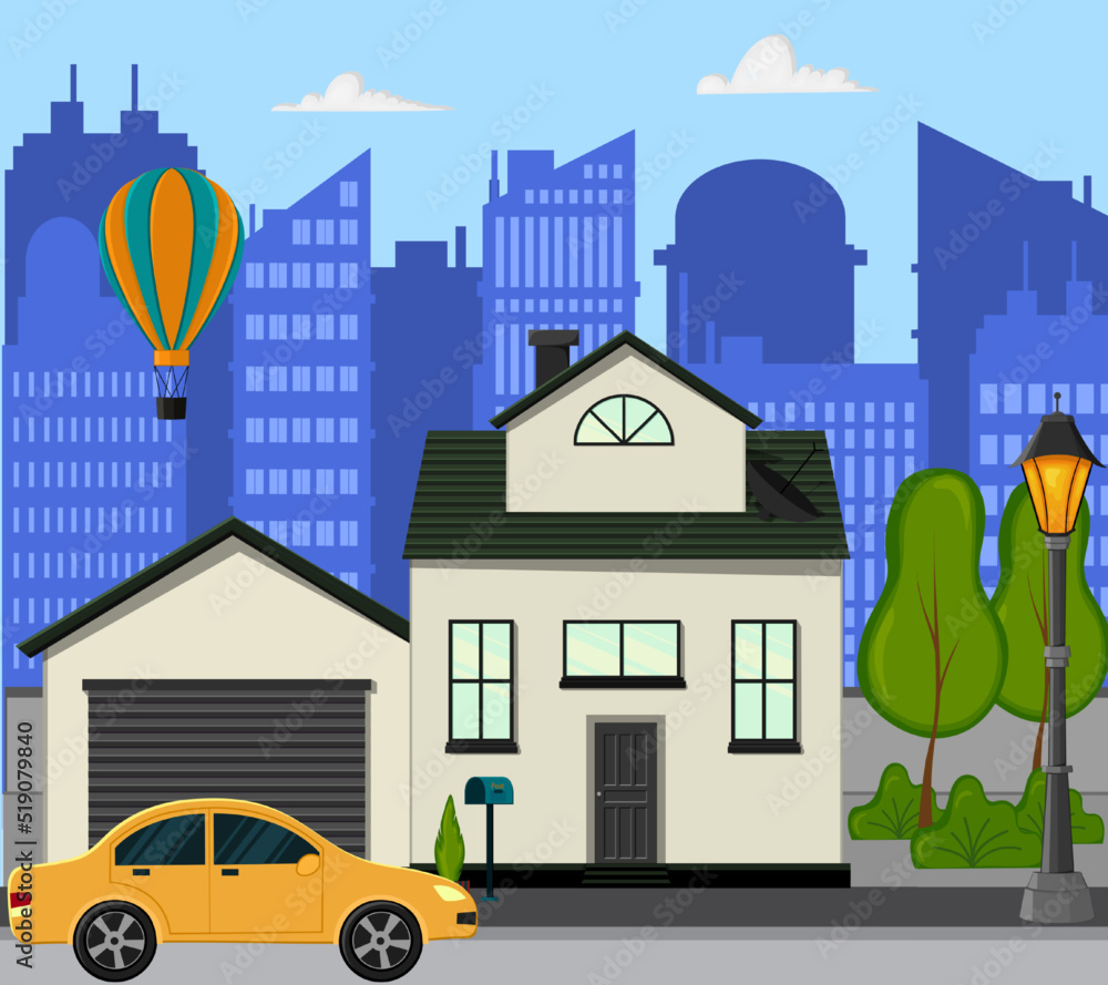 Set of detailed colorful cottage houses. Flat style modern buildings. Balloon.