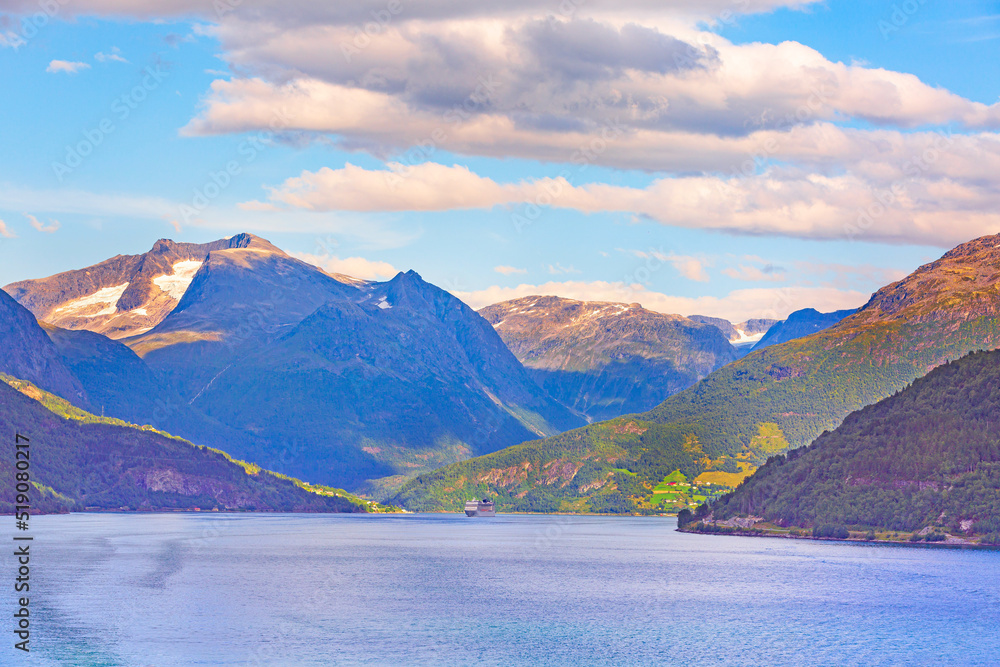 Norway fjord sunset panorama, mountain landscape