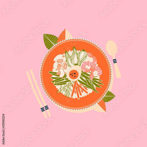 Korean food. Bibimbap, traditional rice bowl.  Vector illustration