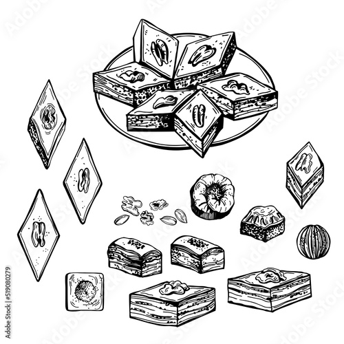 Baklava set. Sketch  illustration.