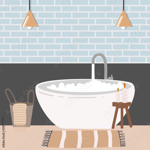 Modern bathroom interior in minimal Scandinavian style. Big bath tub full of water and foam. Home spa and relax concept. Antistress routine. Sleep well.