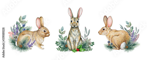 Rabbit winter floral decoration set. Watercolor illustration. Hand drawn cute bunnies with pine branches, eucalyptus, lavender. Wintertime vintage style rustic decor with rabbit watercolor set