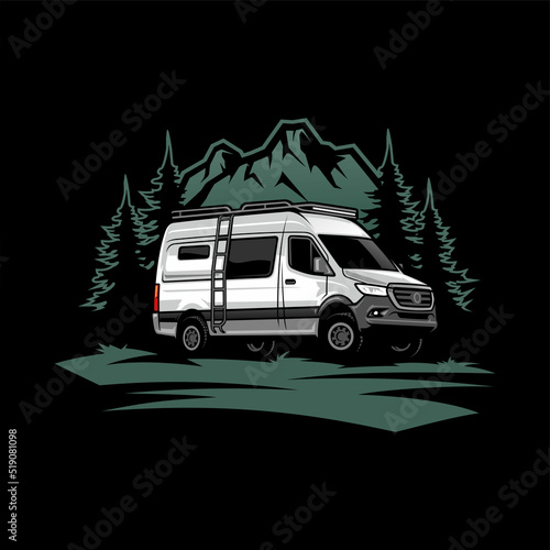 illustration of RV motor home with mountain and pines in black background