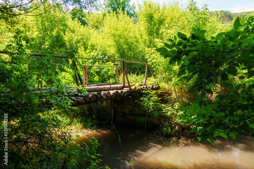old wooden bridge over a small river in a wild forest, a beautiful summer landscape, bright sunlight through the trees reflected in the water
