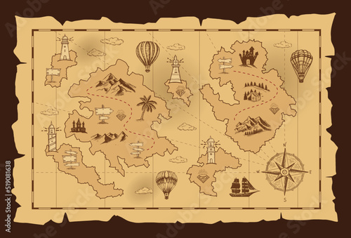 Old treasure map vector sketch. Hand drawn illustrations, vector.