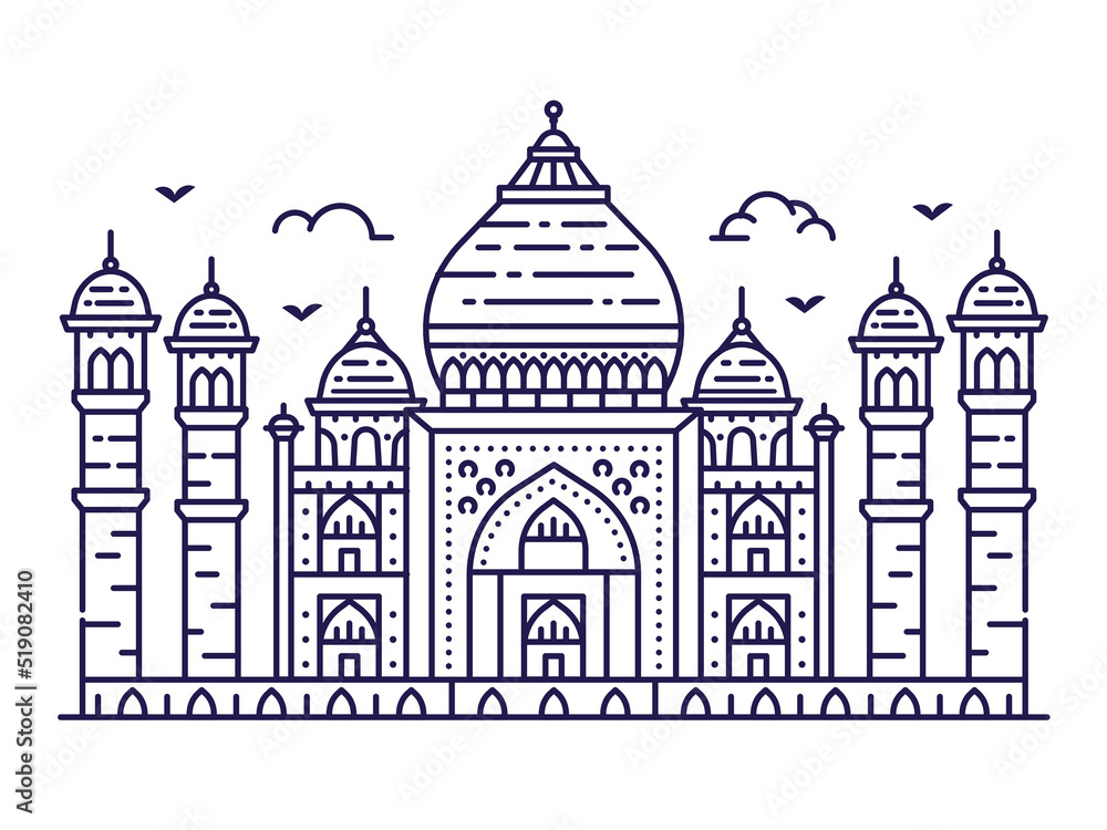 Taj Mahal India Landmark in Line Art Style