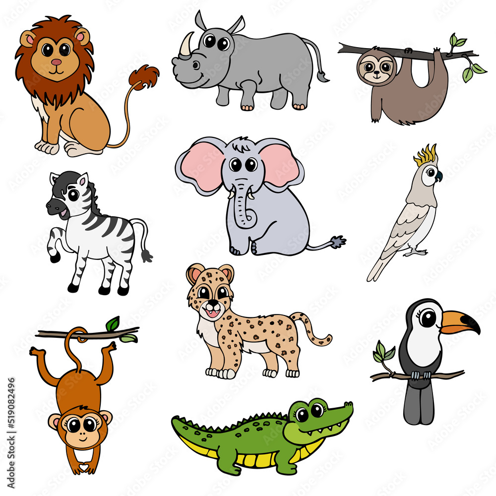 Fototapeta premium Set of isolated vector images of wild animals. Lion, rhinoceros, sloth, zebra, elephant, parrot, monkey, leopard, crocodile and toucan.