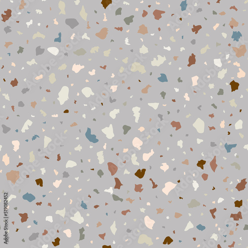 Grey terazo flooring seamless texture with pieces of granite, quartz, glass and stone. Marble floor pattern. Classic paving design. Abstract wall background. Retro venetian stone material