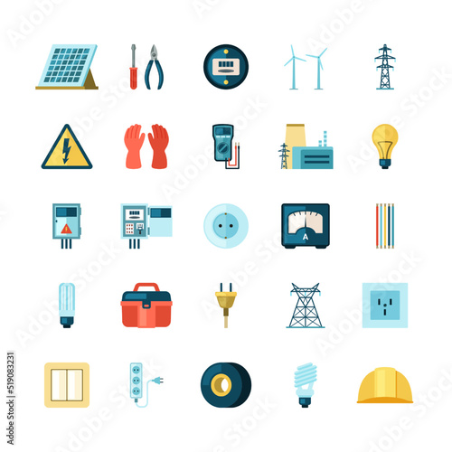 Electricity icons. bulbs industrial voltmeters voltage plugs engineer helmet energy power conceptual items. Vector flat templates