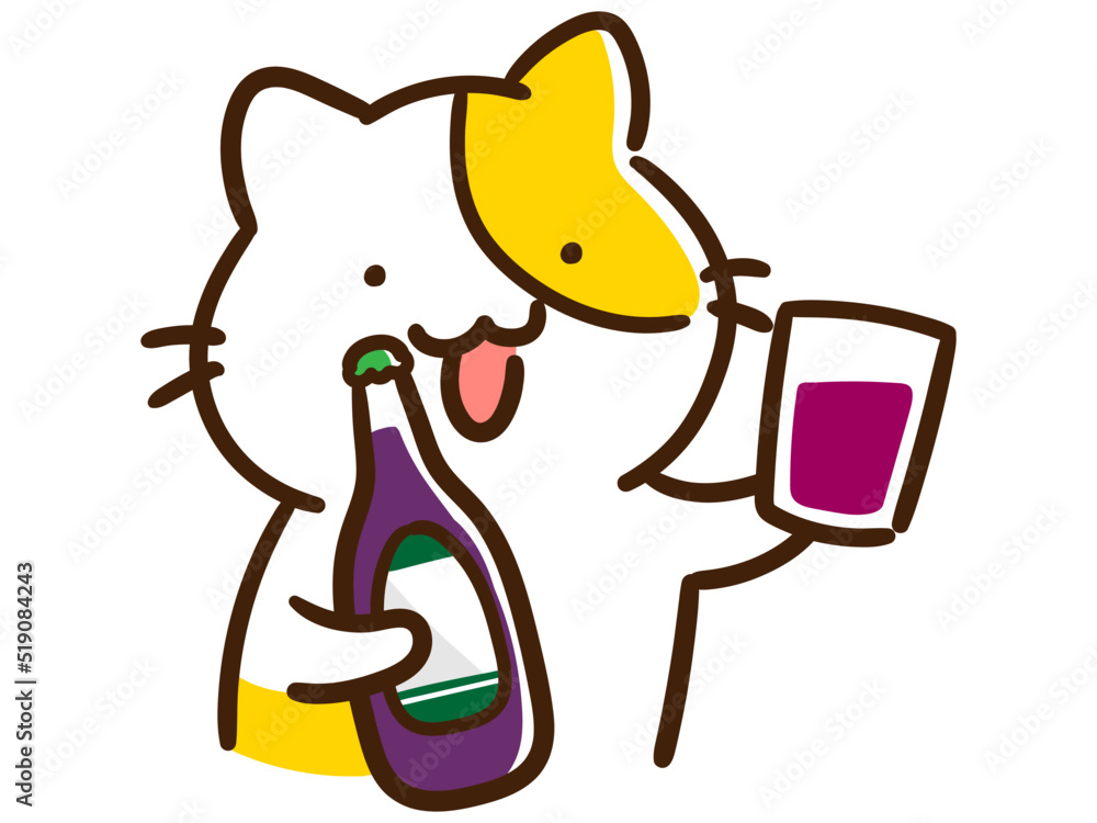 Plakat W Ramie 赤ワインのボトルとコップを持つかわいいねこのデフォルメイラスト Wino Alkohol Alkohol Fototapety Foteks