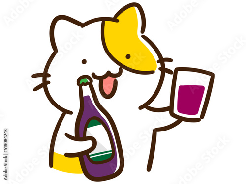 赤ワインのボトルとコップを持つかわいいねこのデフォルメイラスト