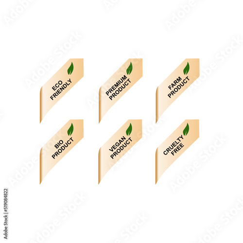 ECO FRIENDLY, PREMIUM PRODUCT, FARM PRODUCT, BIO PRODUCT, VEGAN PRODUCT, CRUELTY FREE PRODUCT BADGES ISOLATED ON WHITE