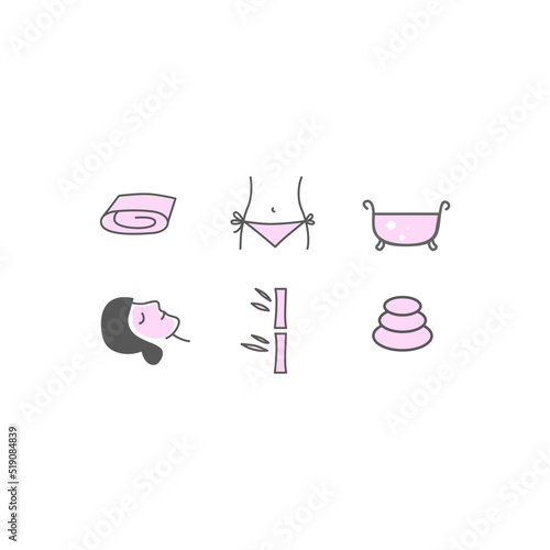 Wellness Premium Quality Icons ( Towel, Bikini, Bathtube, Relaxation Procedure, Bamboo, Pebbles ) Isolated on White