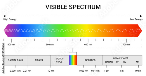 Spectrum wavelength. Visible spectrum color range. Educational physics light line. Light wave frequency. Wavelengths of the visible part of the spectrum for human eyes