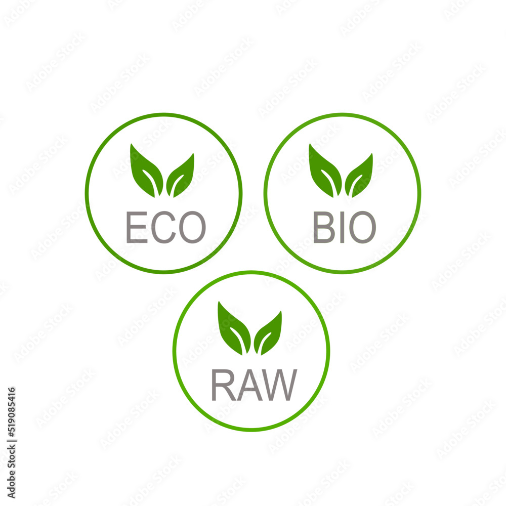 ECO, BIO, RAW LABELS ISOLATED ON WHITE BACKGROUND ECO, BIO, RAW LABELS ISOLATED ON WHITE BACKGROUND